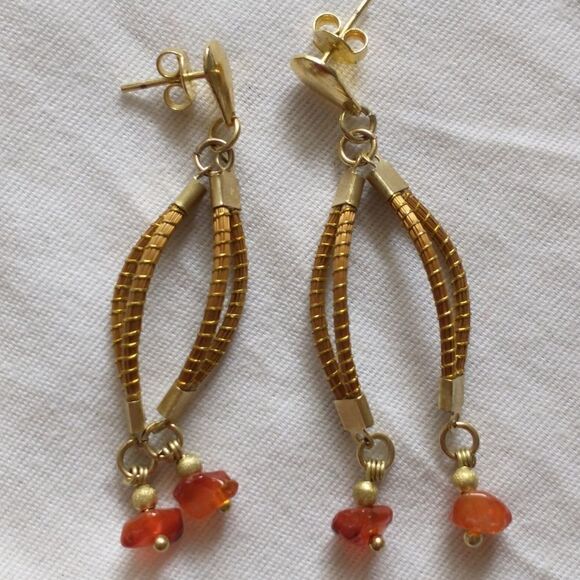 Vintage Beaded Dangle Earrings 1980s Estate Gold Tone Snake Chain Abstract Twist - Picture 6 of 16